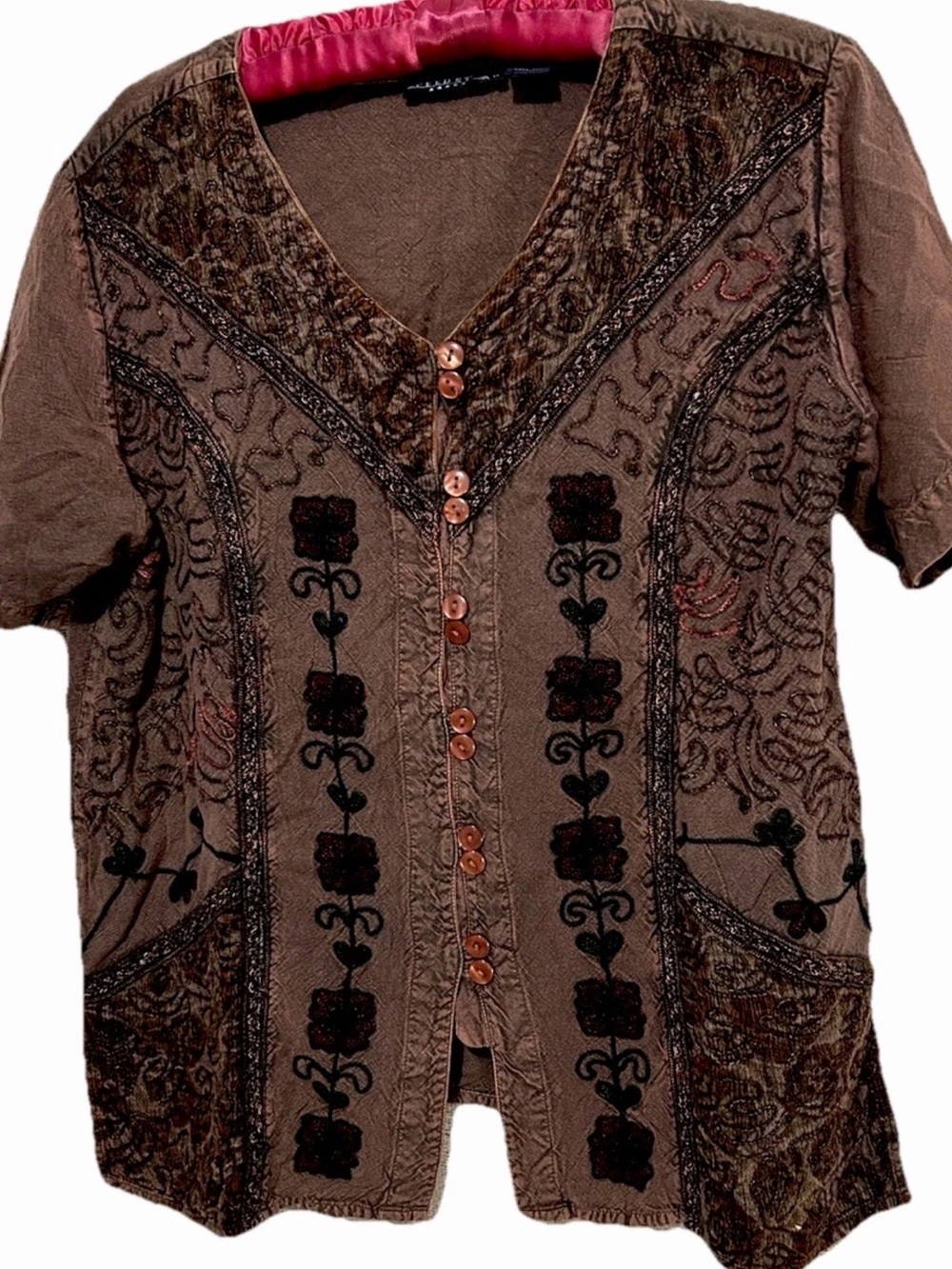 Speed Star Top L Vintage Brown Mineral Washed Boho Hippie Button Up Shirt Blouse
